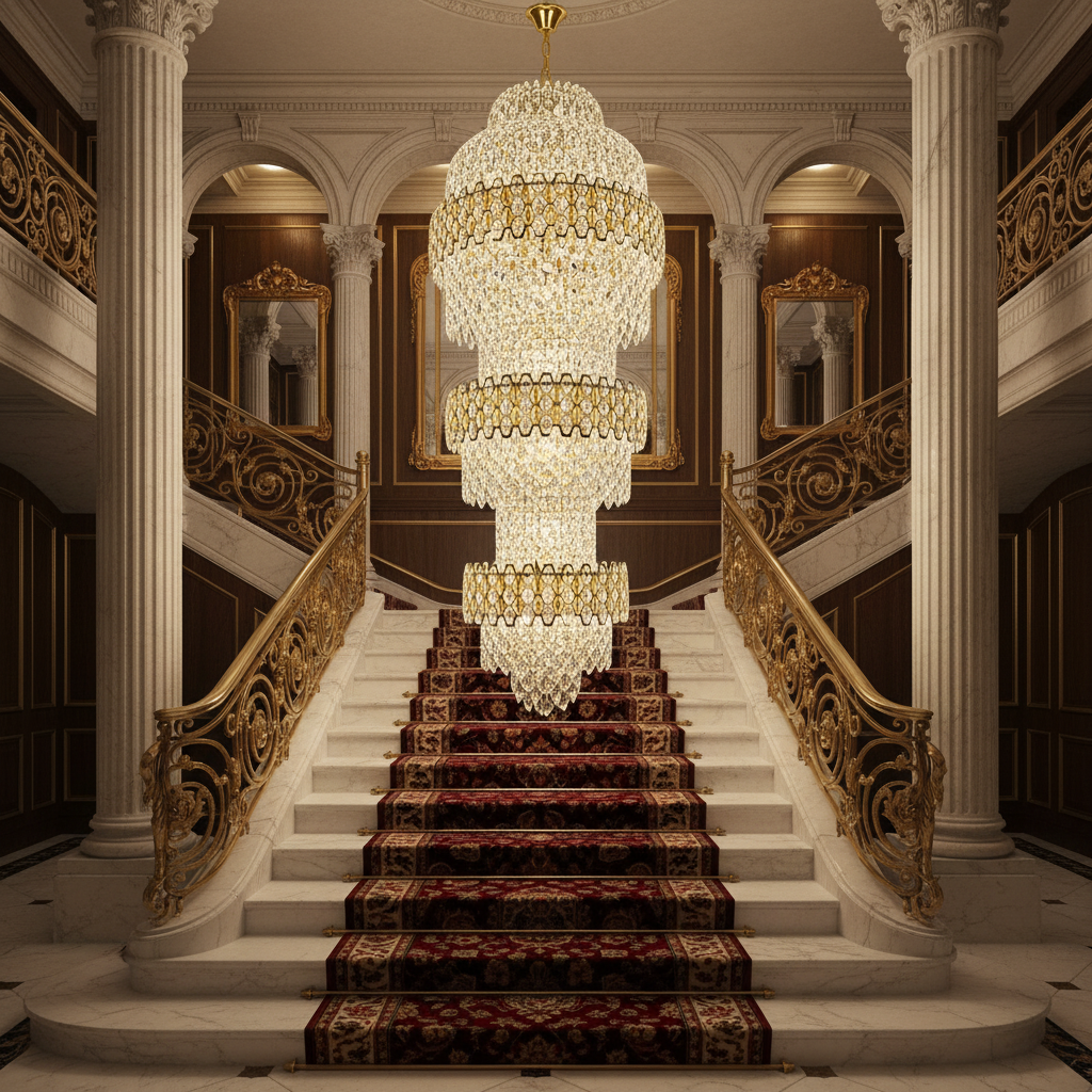 Candelabru Cristal TRIO Magno 49xE14, Diametru 65cm, Inaltime 200cm, Auriu Lucios, Inaltime Reglabila, Design Elegant