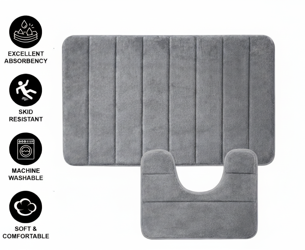 Covorase de Baie, 80x50 cm / 50x40 cm, Gri, Antiderapant, Absorbant, Set 2 bucati
