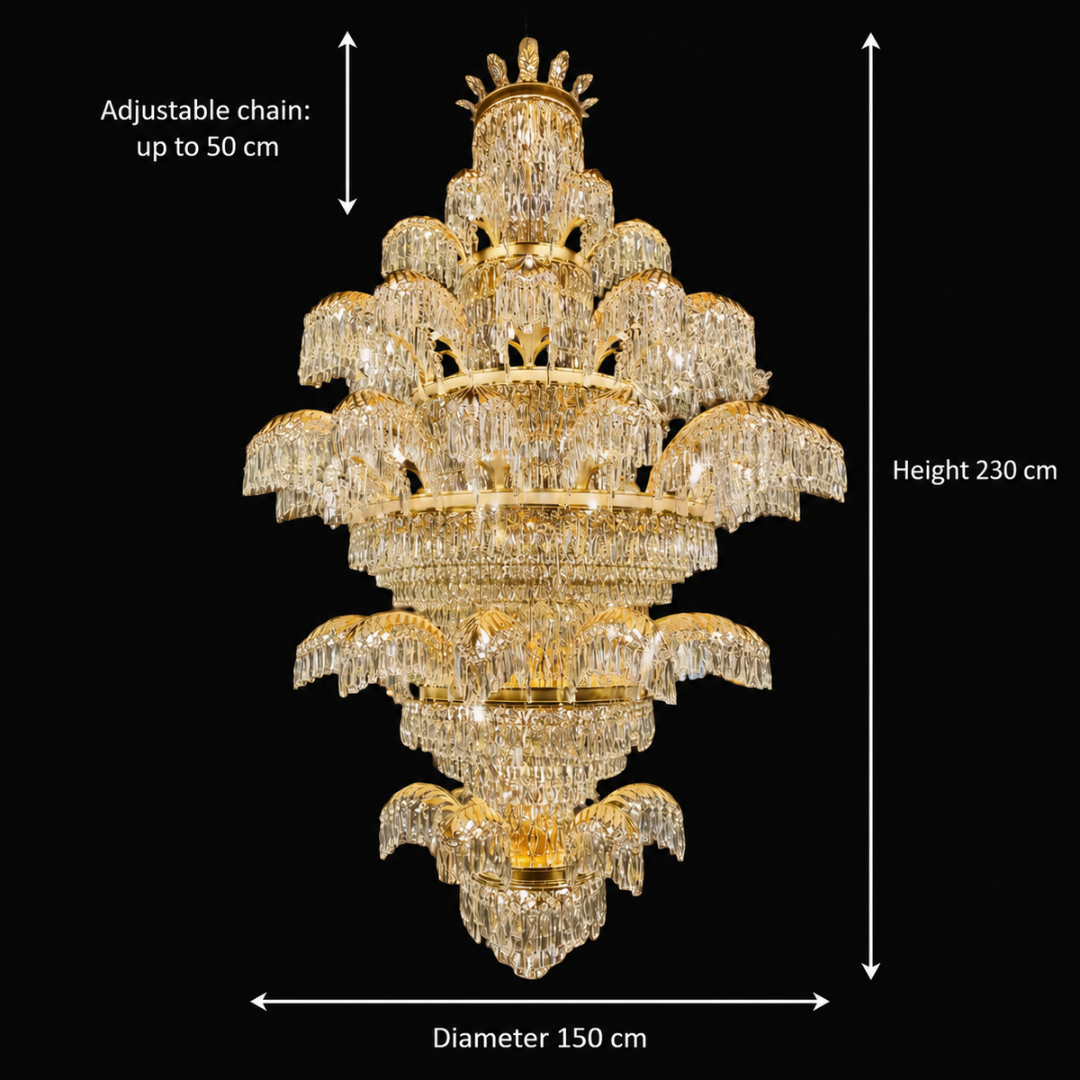 Candelabru Cristal PALACE Grande, 52 de brate, 96xG9, Diametru 150cm, Inaltime 230cm, Auriu Lucios, Inaltime Reglabila, Design Elegant