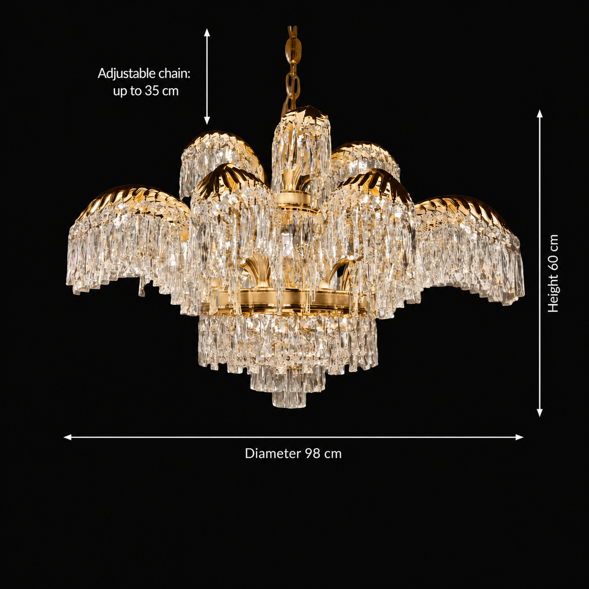 Candelabru Cristal PALACE Imperio, 15 brate, 22xG9, D98cm, Auriu Lucios, Inaltime Reglabila, Metal si Cristal