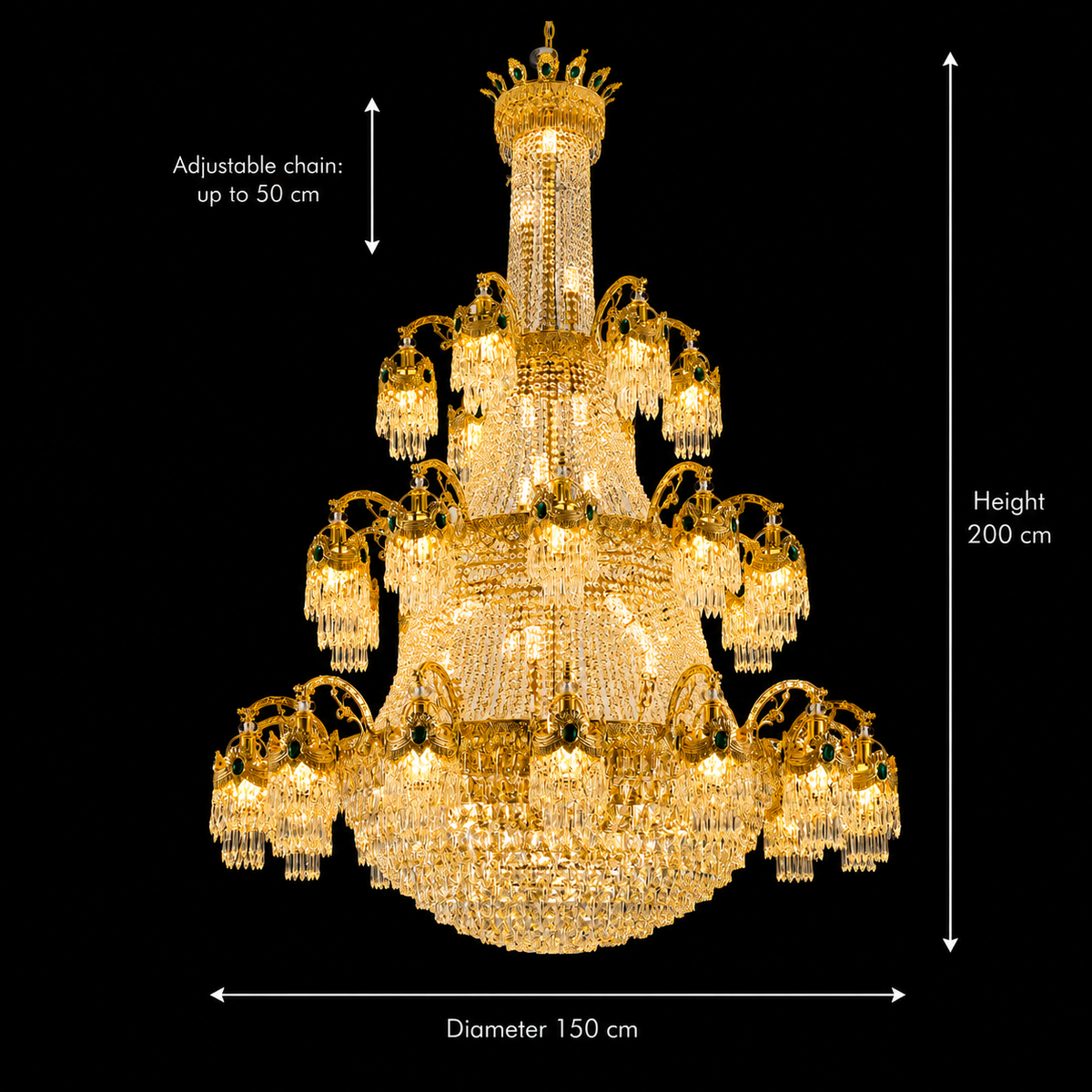 Candelabru Cristal, 61xE14, Diametru 150cm, Inaltime 200cm, Auriu Lucios, Inaltime Reglabila, Design Elegant