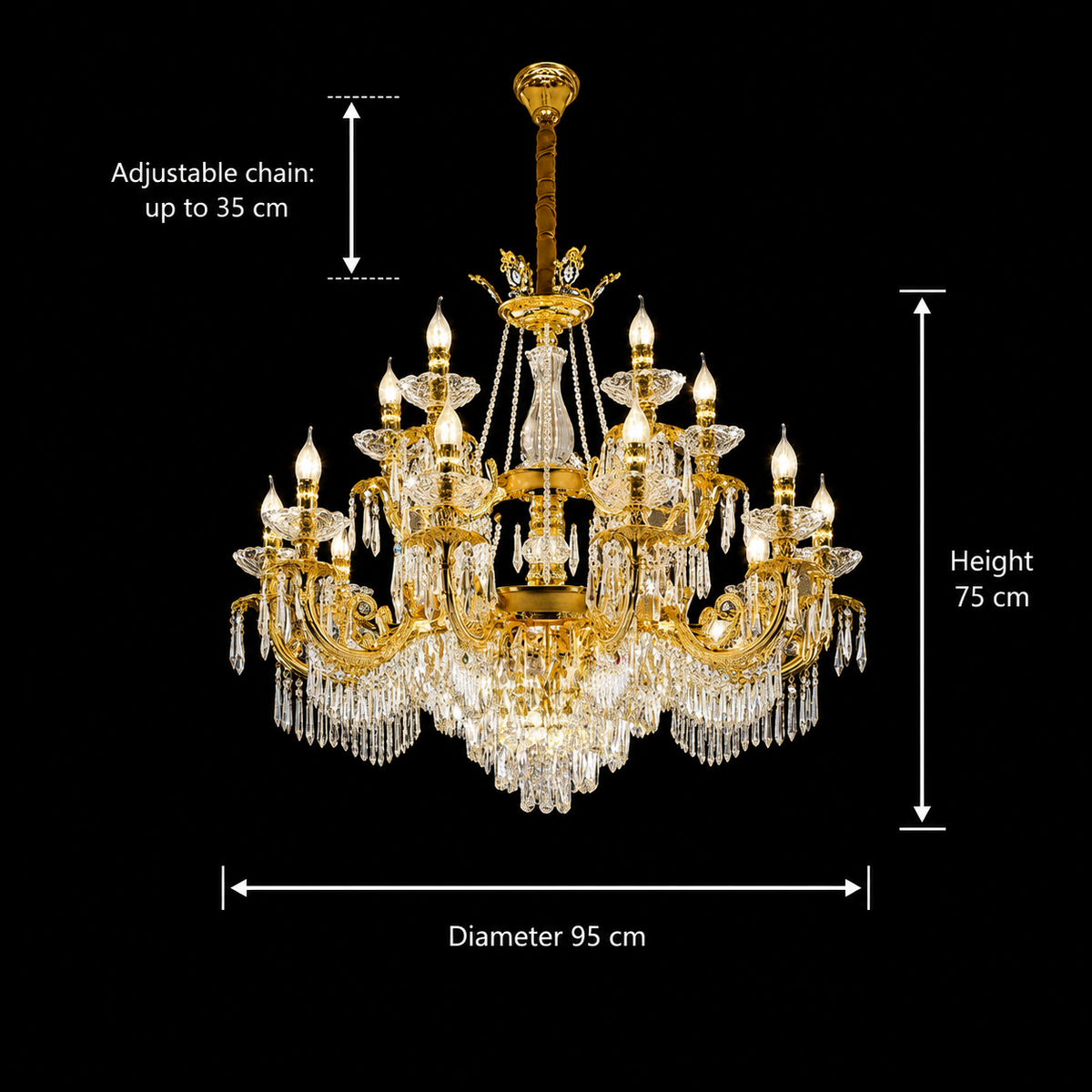 Candelabru Cristal 11xE14, D80cm, Auriu Lucios, Inaltime Reglabila, Metal si Cristal