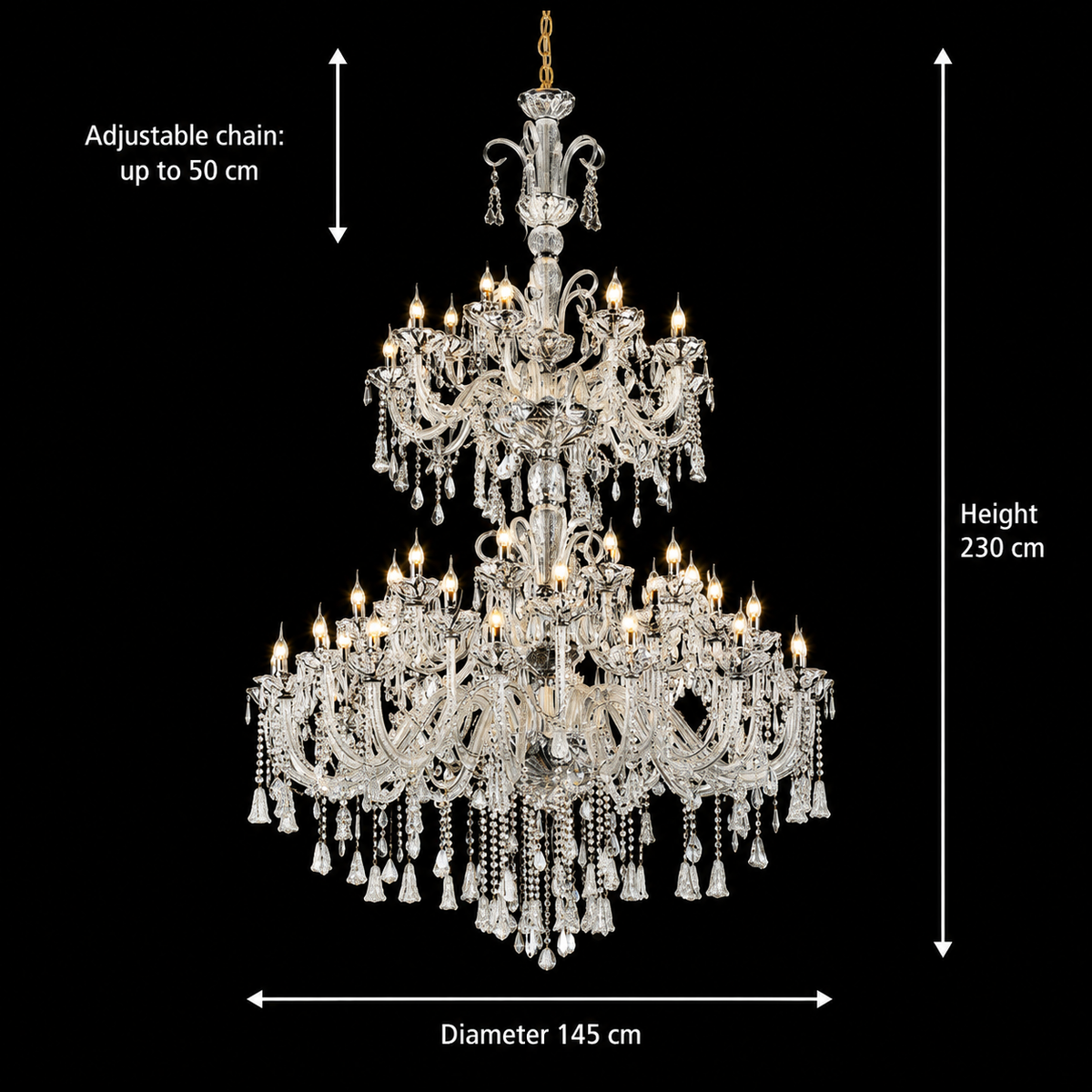 Candelabru Cristal, 55xE14, Diametru 145cm, Inaltime 230cm, Argintiu, Inaltime Reglabila, Design Elegant