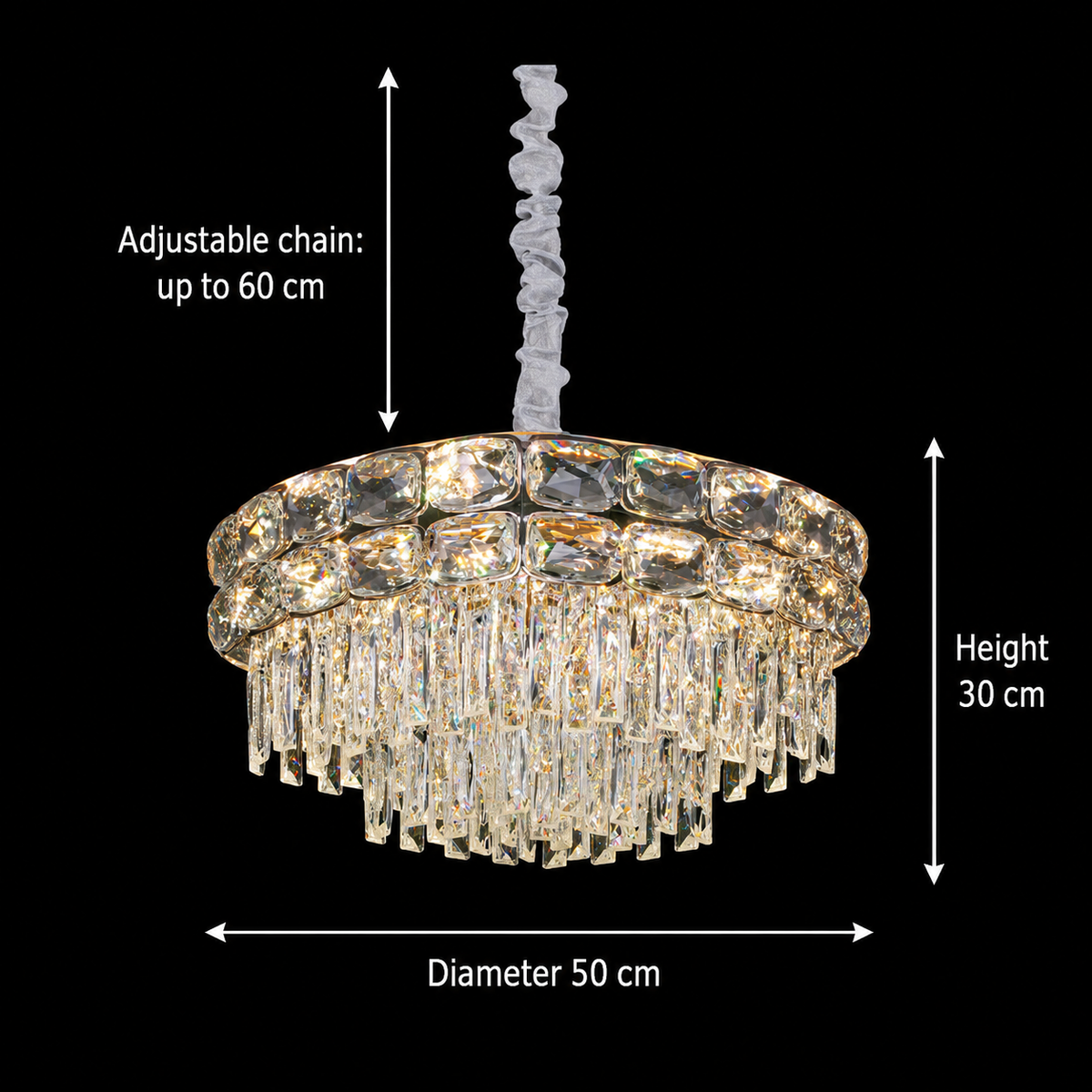 Candelabru Cristal LUCENT Eleganza 9xE14, D50 cm, Auriu, Inaltime Reglabila, Metal si Cristal