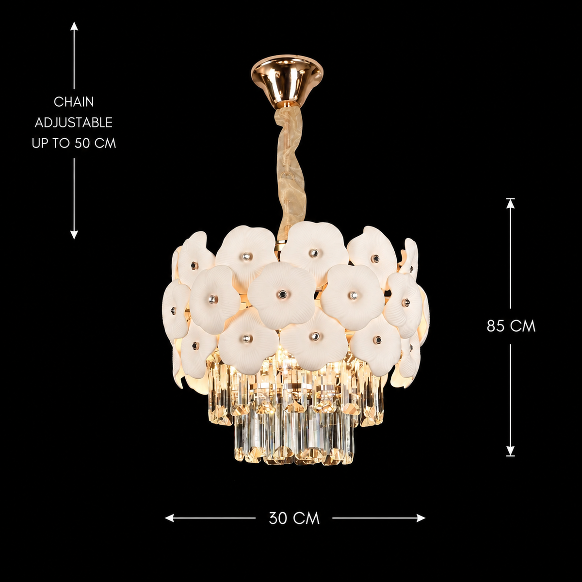 Candelabru Cristal PETAL Petito 3xE14, D30 cm, Auriu, Inaltime Reglabila, Metal si Cristal