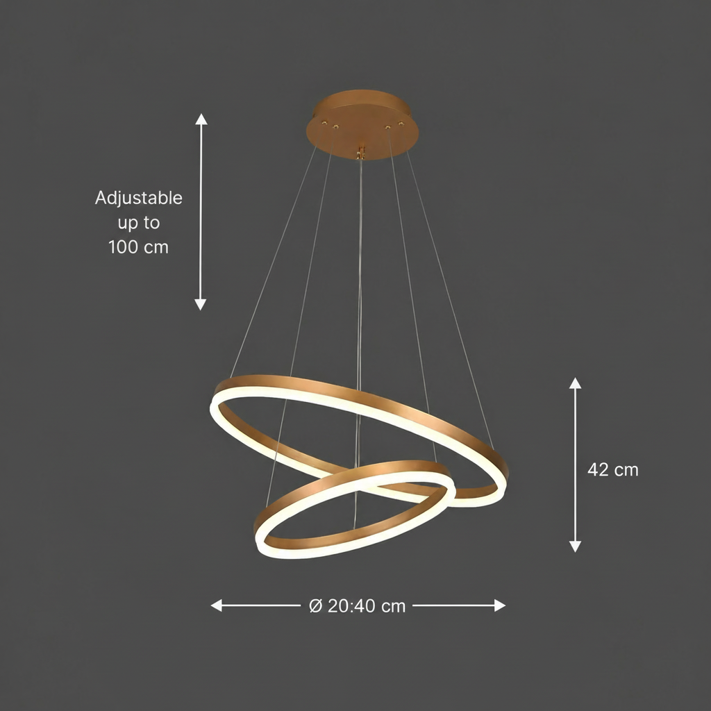 Lustra LED suspendata cu telecomanda CHRISTINE, 41W, 2 Cercuri, lumina Rece/Calda/Neutra, Dimabila, Auriu Lucios, Inaltime Reglabila