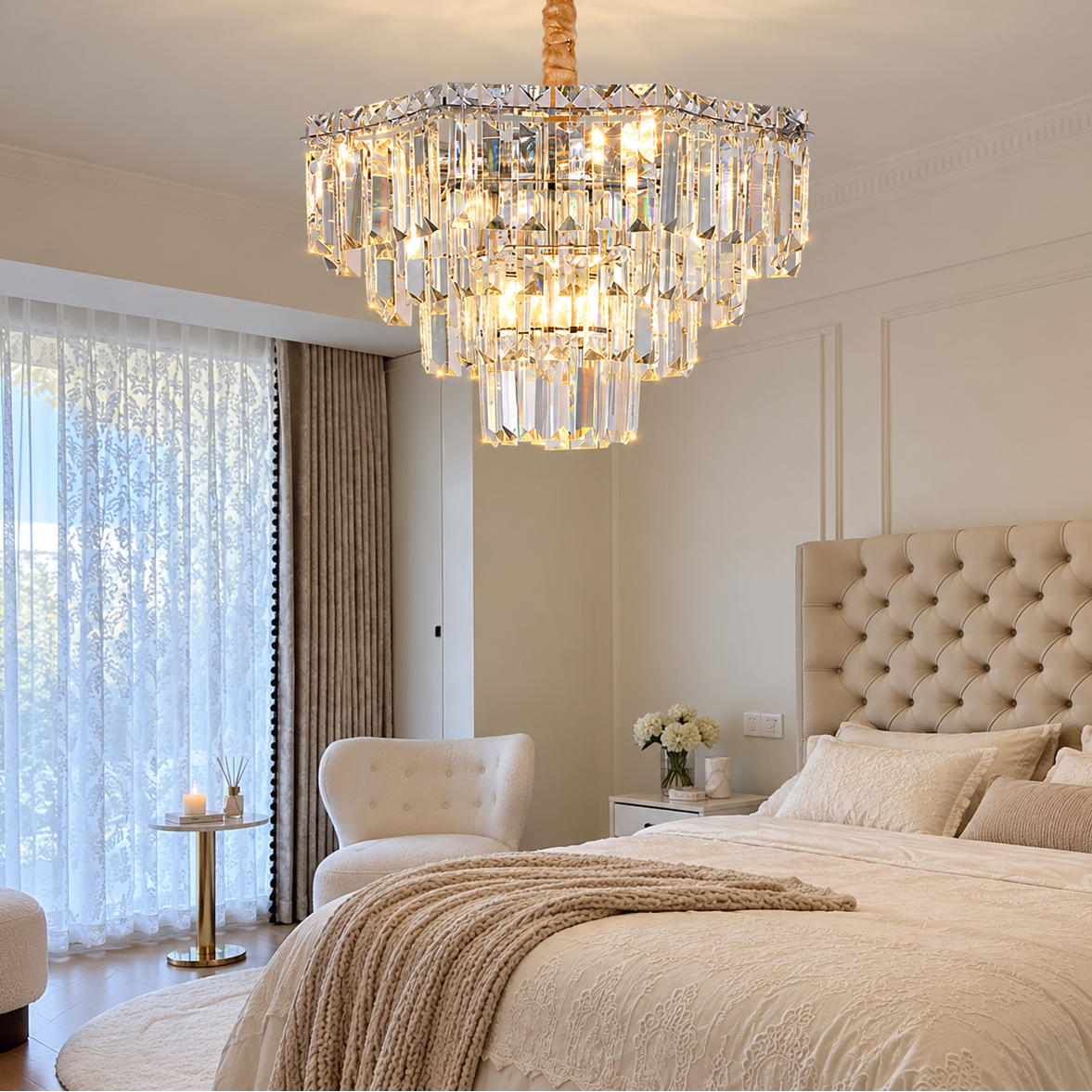 Candelabru Cristal ADAMA Nobile, 5x E14, Diametru 40cm, Crom Lucios, Inaltime Reglabila