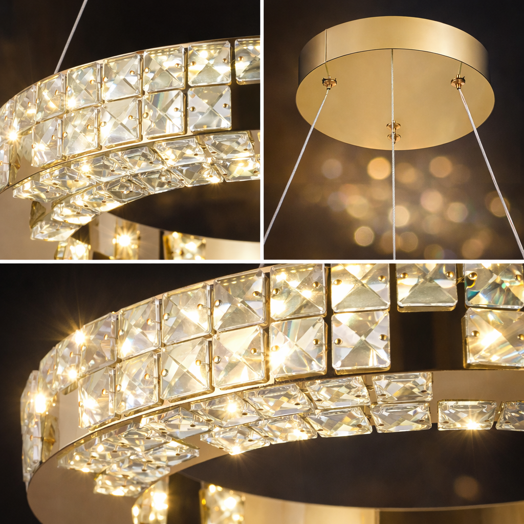 Lustra LED cu Telecomanda, LLC135/1GD, Cristal si Metal, 29W, 1 Cerc, Dimabila, Inaltime Reglabila, Lumina Rece/Calda/Neutra, Iluminat Luxos