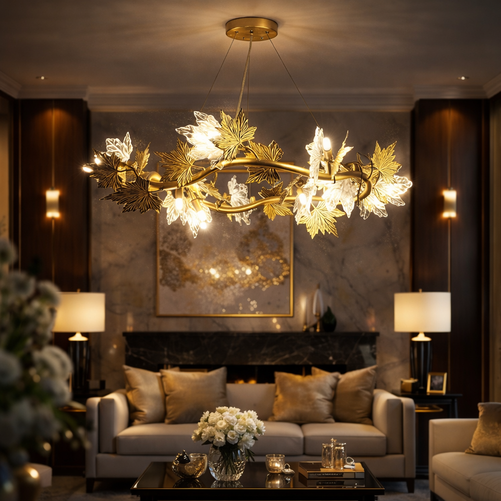 Candelabru Modern LEAFORA Regalis 8xE14, Diametru 80cm, Auriu, Inaltime Reglabila, Metal si Cristale