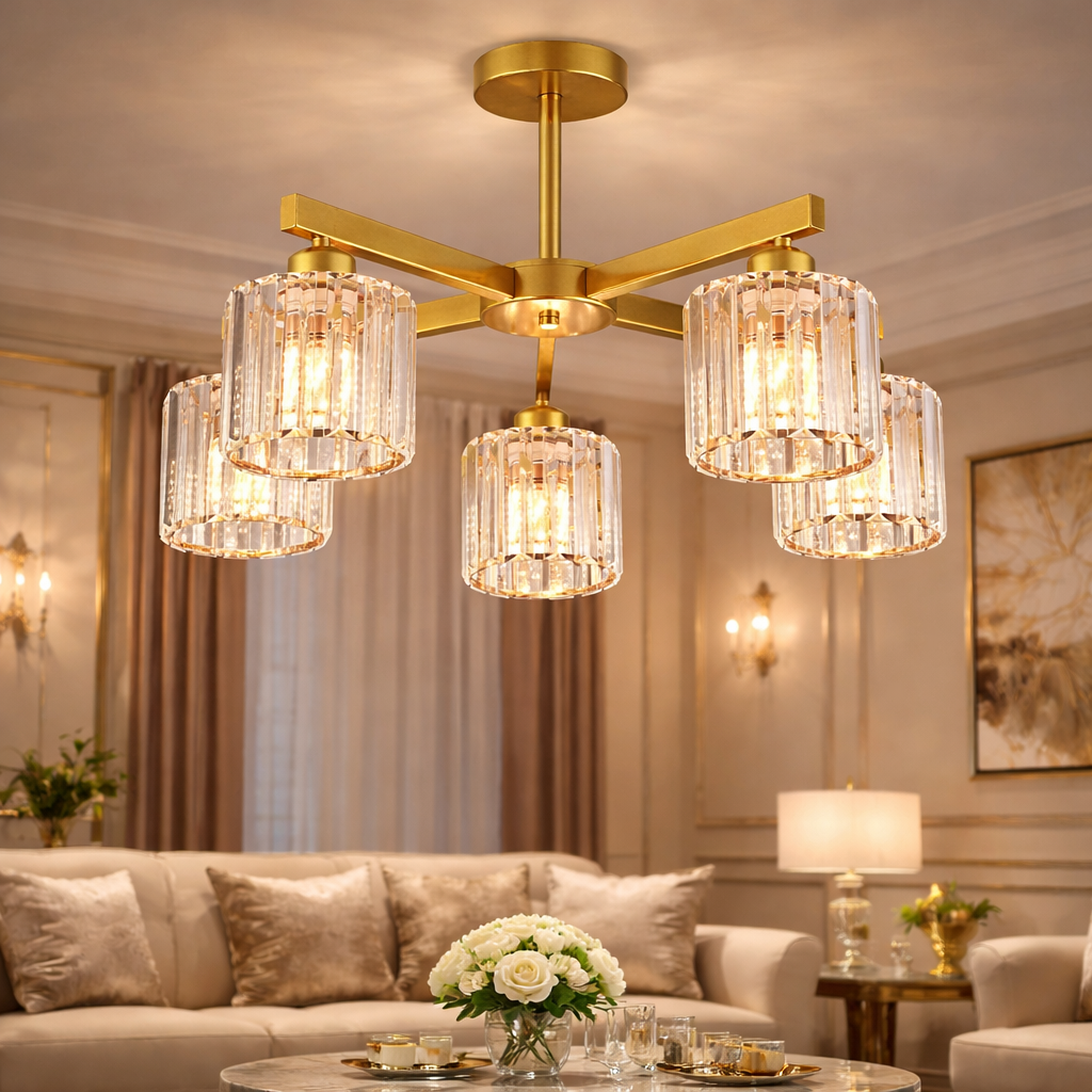 Lustra Clasica Moderna LC110/5GD cu Cristal, 5xE27, Auriu, Metal si Cristal