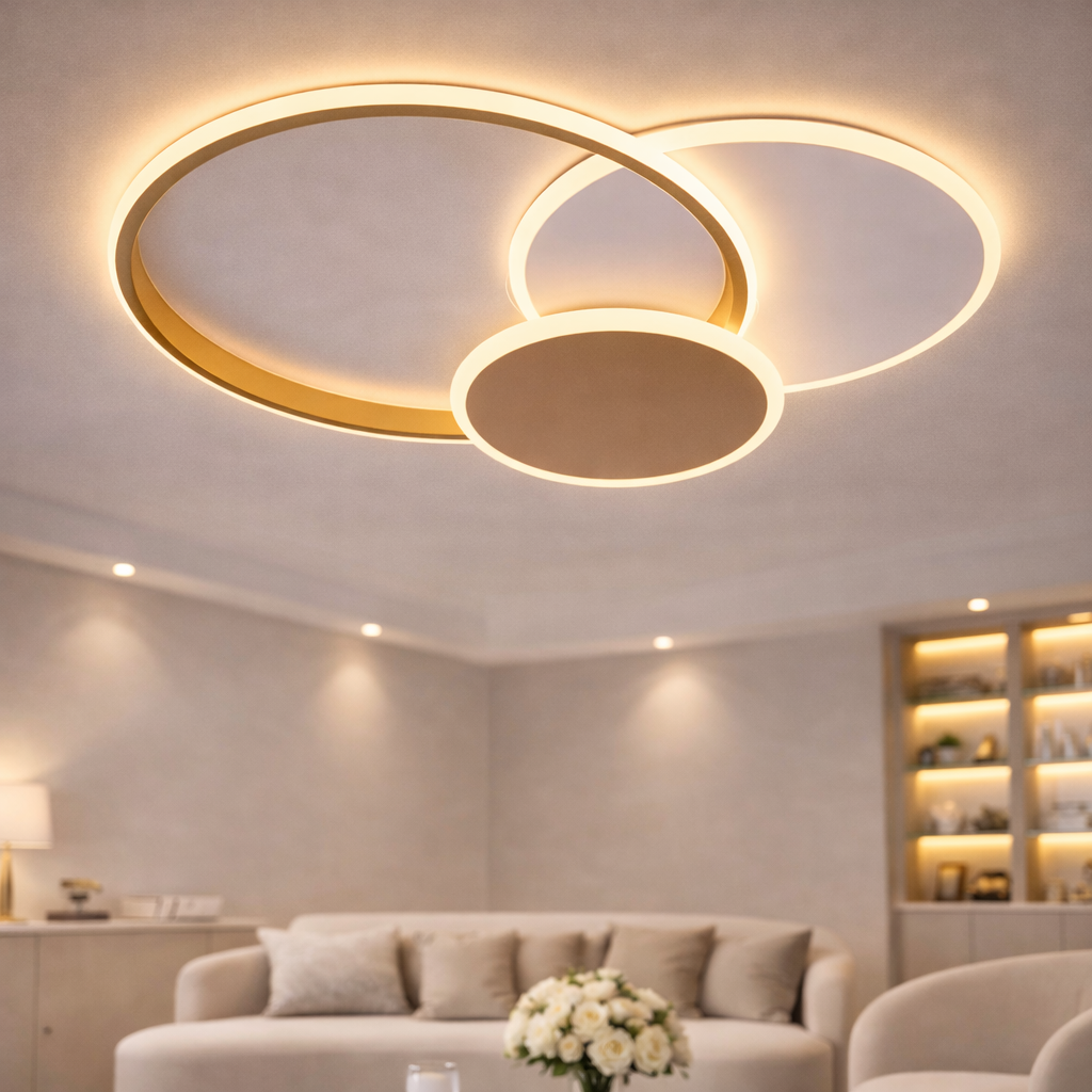KILLIAN 46W LED Chandelier with Remote Control, 3 Rings, Cool/Warm/Neutral Light 3000K/4000K/6000K, Dimmable, White Gold, imaginea 1