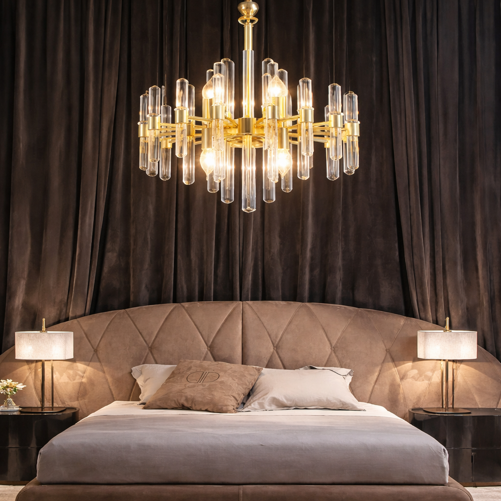Candelabru Cristal CC850/480GD,6xE14, 48X45cm, Inaltime Reglabila, Auriu Lucios, Inaltime Reglabila, Design Elegant, Metal si Cristal
