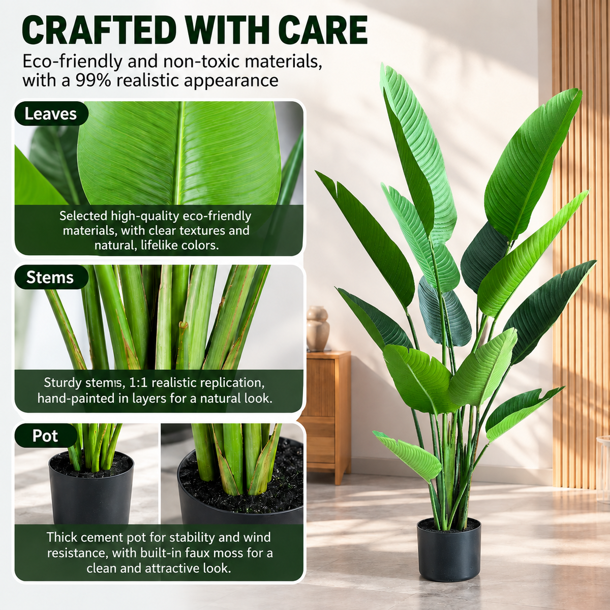 Decorațiune Strelitzia Nicolai, 220 cm, 13 frunze, Verde