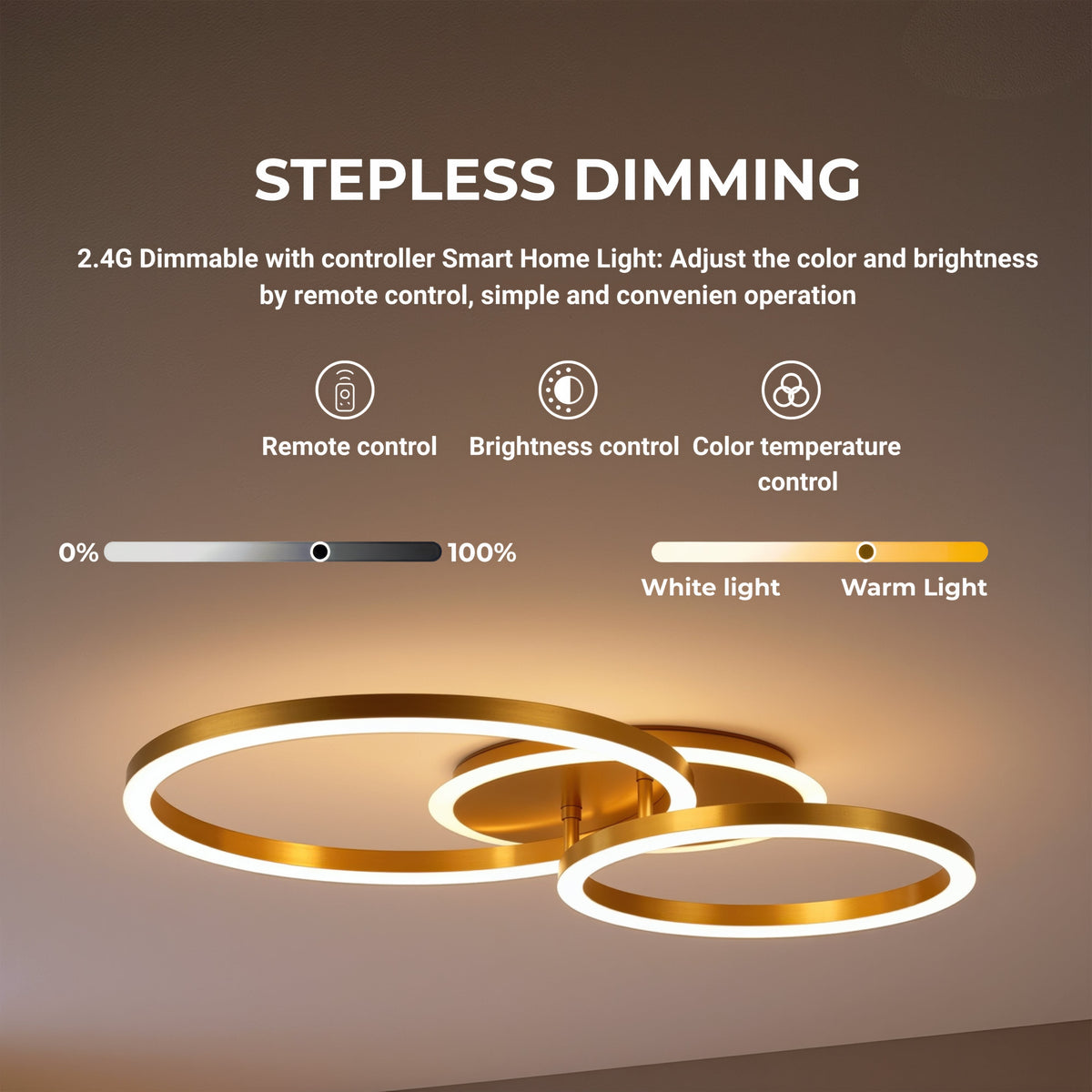 Lustra LED cu telecomanda RINOVA 66W, 2 Cercuri, lumina Rece/Calda/Neutra, Dimabila, Auriu Lucios, imaginea 3