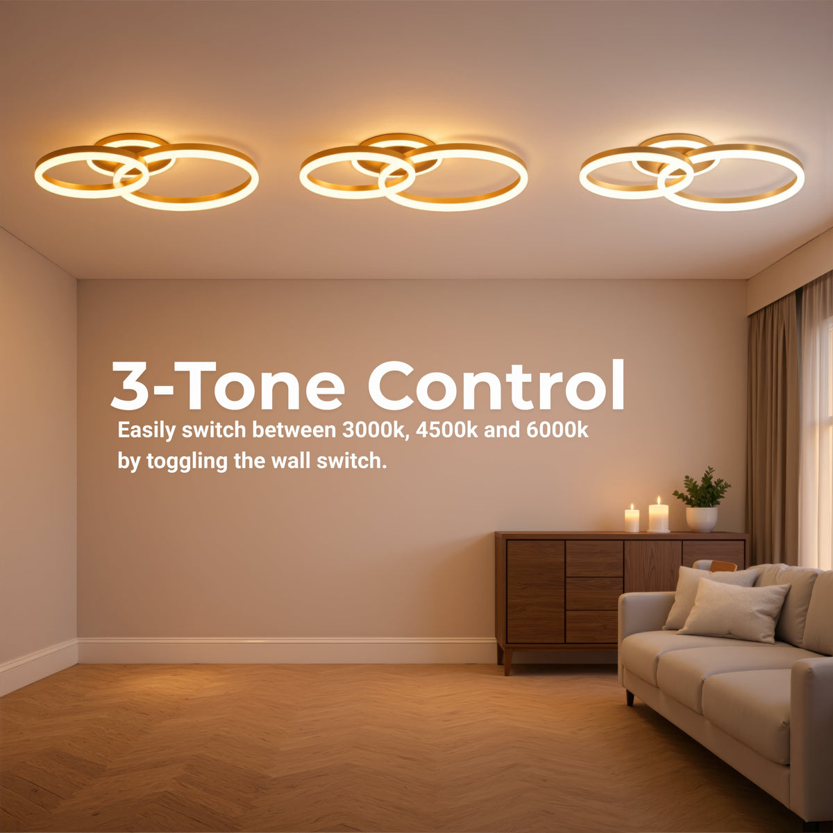 Lustra LED cu telecomanda RINOVA 66W, 2 Cercuri, lumina Rece/Calda/Neutra, Dimabila, Auriu Lucios, imaginea 4