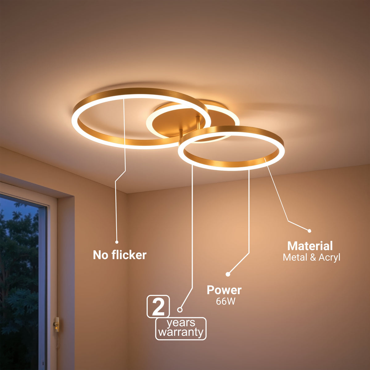 Lustra LED cu telecomanda RINOVA 66W, 2 Cercuri, lumina Rece/Calda/Neutra, Dimabila, Auriu Lucios, imaginea 7