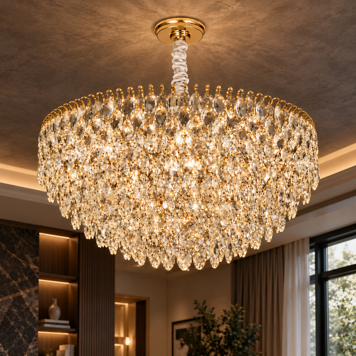 Candelabru Cristal ERDENET Eleganza, 9xE14, Auriu Lucios, Inaltime Reglabila, Metal si Cristal