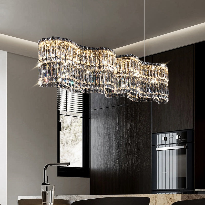 Candelabru Cristal LED cu Telecomanda WAVE Regalis, 52W, Lumina Calda/Rece/Neutra Inaltime Reglabila, Lumina Dimabila, Metal si Cristal