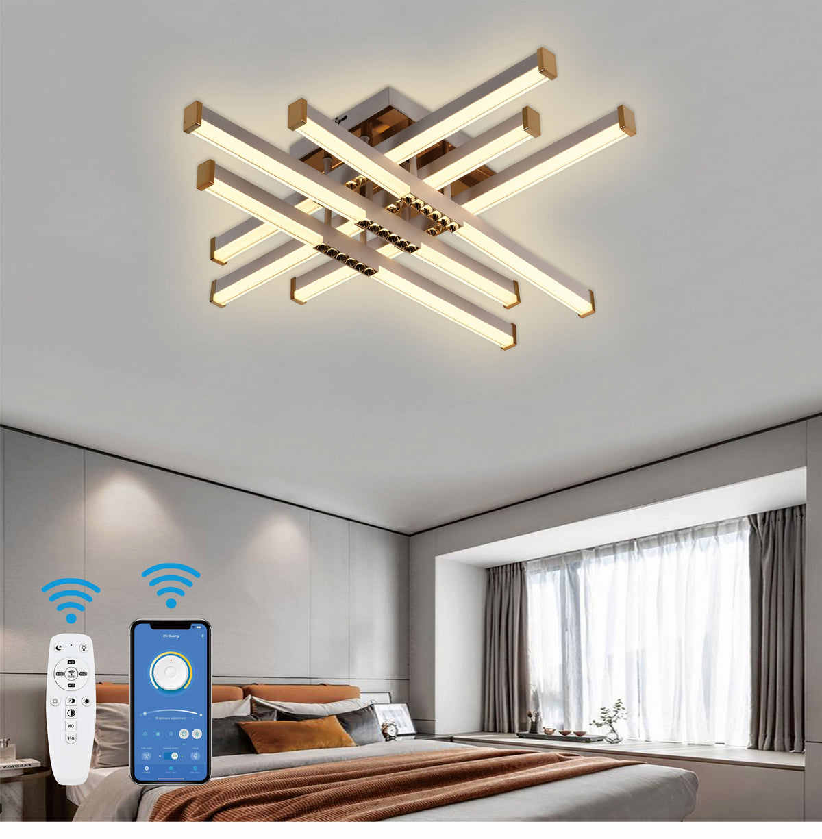 Lustra LED cu Telecomanda AXIAL, 83W, 6 Elemente, Lumina Rece/Clada/Neutra, Dimabila, Alb