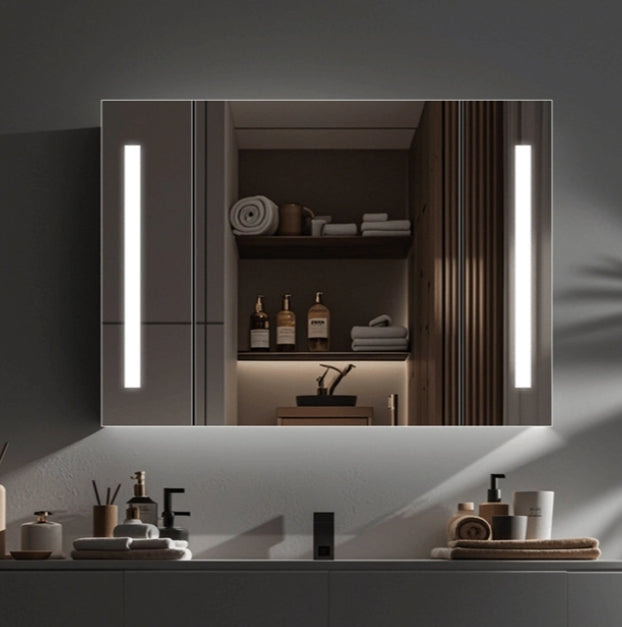 Oglinda LED cu Dulap AXEN 100x70 cm Alb Banda Verticala si Senzor Touch