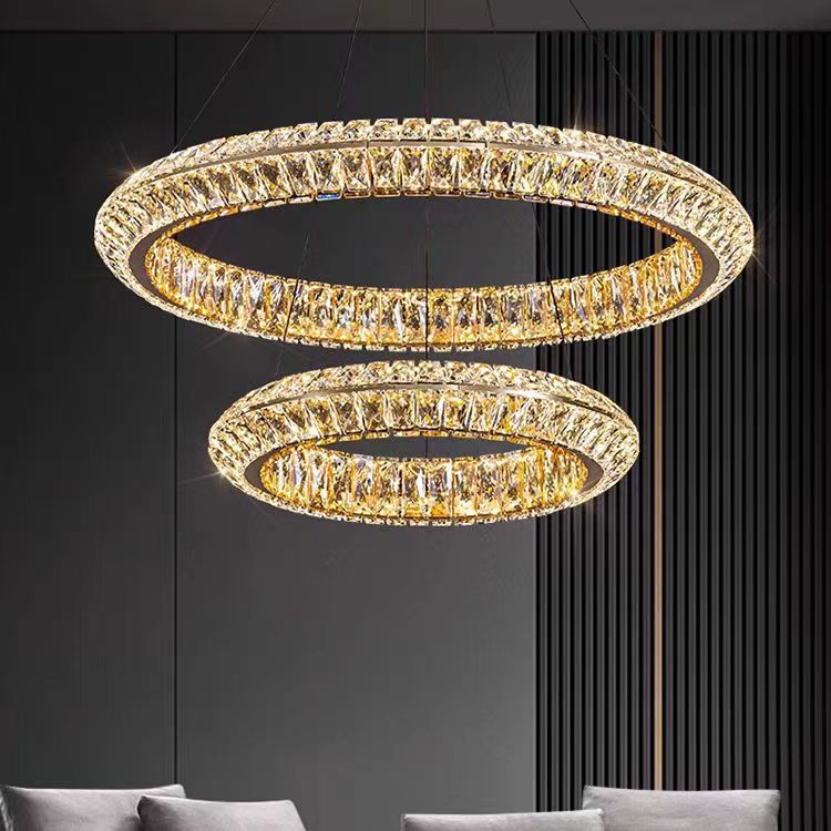 Lustra LED cu Telecomanda, LLC132/300GD, Cristal si Metal, 37W, 2 Cerc, Dimabila, 3000K/4000K/6000K, Iluminat Luxos
