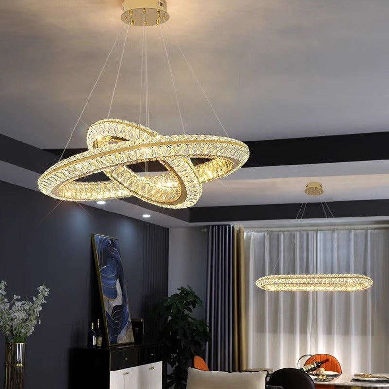Lustra LED cu Telecomanda, LLC132/300GD, Cristal si Metal, 37W, 2 Cerc, Dimabila, 3000K/4000K/6000K, Iluminat Luxos