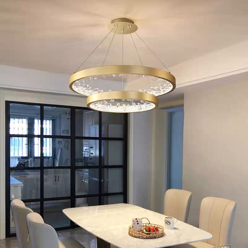 Lustra LED suspendata cu telecomanda, Cristale K9, 73W, 2 Cerc, 60 cm, lumina Rece/Calda/Neutra, Dimabila, Auriu, Inaltime Reglabila
