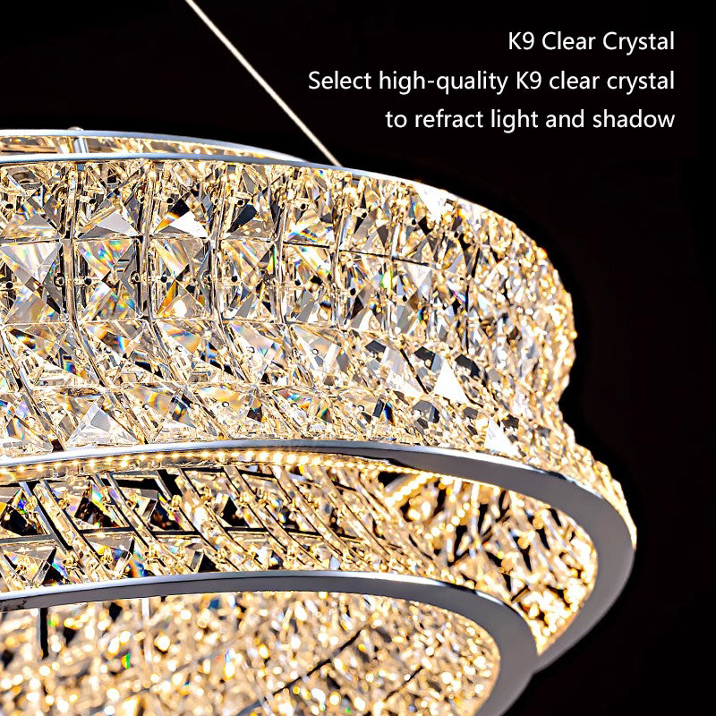 Lustra LED cu Telecomanda,LLC160/500GD, Cristal si Metal, 54W, Dimabila, Inaltime Reglabila, Lumina Rece/Calda/Neutra, Iluminat Luxos