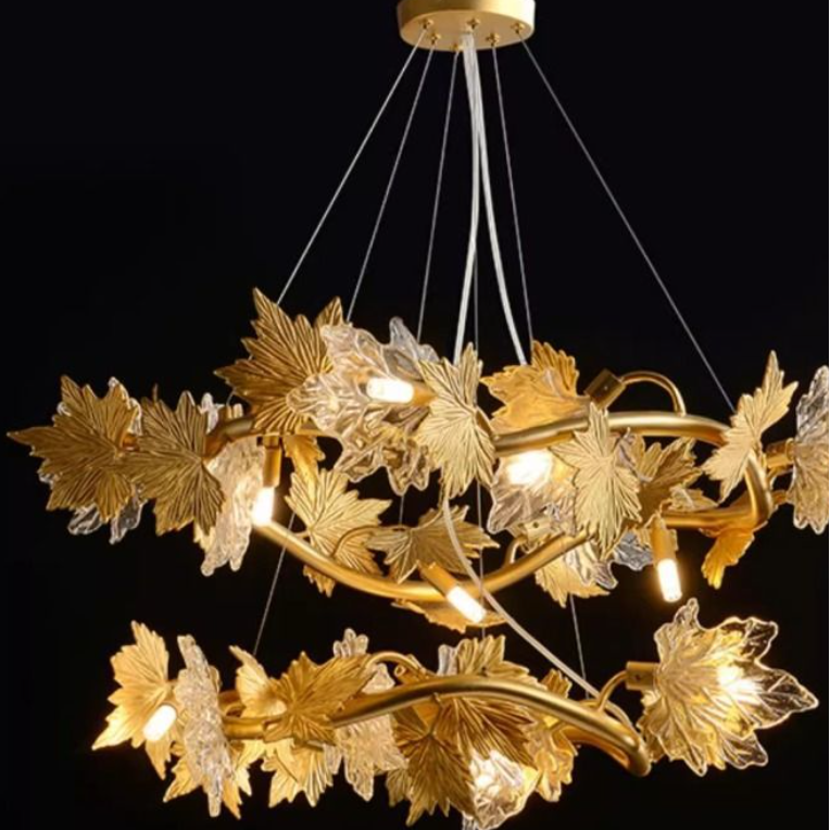 Candelabru Modern, LEAFORA Regalis, 2 cercuri, 12xE14, Diametru 80cm, Auriu, Inaltime Reglabila, Metal si Cristal