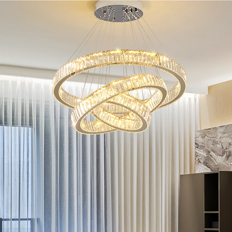 Lustra LED cu telecomanda LLC130/3CH, Cristal si Metal, 119W, 3 Cercuri, Dimabila, Inaltime Reglabila, Lumina Rece/Calda/Neutra, Iluminat Luxos