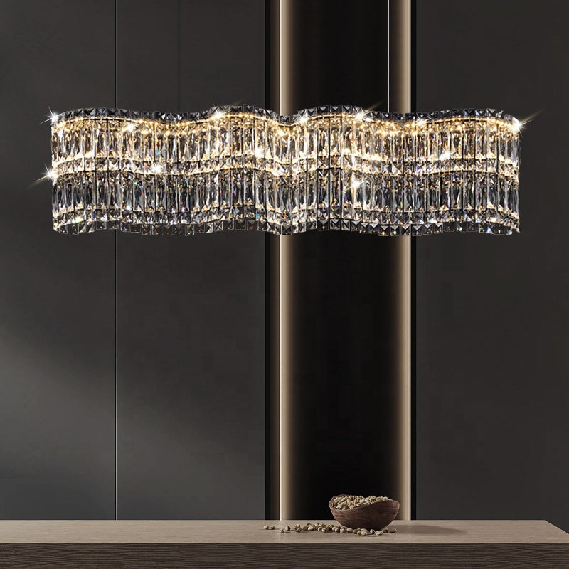 Candelabru Cristal LED cu Telecomanda WAVE Imperio, 81W, 100cm, Crom Lucios, Lumina Calda/Rece/Neutra, Inaltime Reglabila, Lumina Dimabila, Metal si Cristal