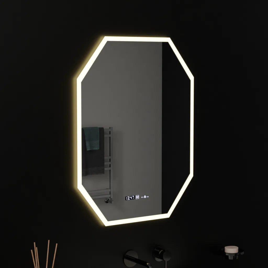 Oglinda LED Poligon, 60X80cm, Hexaluce Senzor MotionGlow Marcello, Sistem Dezaburire, Ceas & Termometru, Dimabila