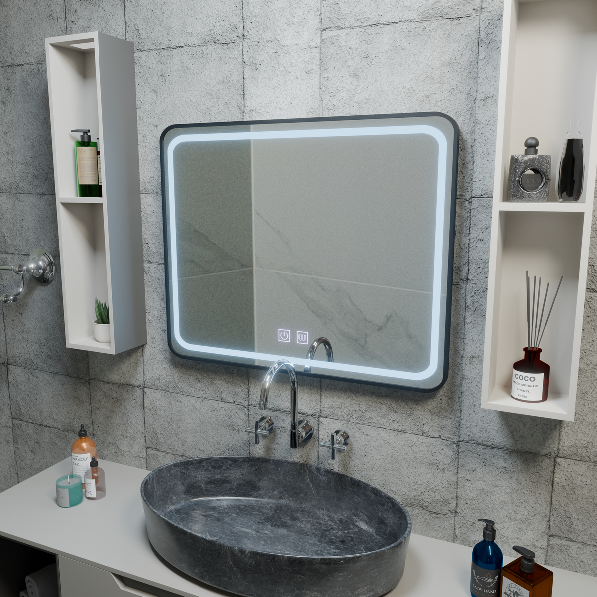 Oglinda LED Rectangulara 80x60cm – EDGE Touch Sistem Dezaburire, Rama Neagra