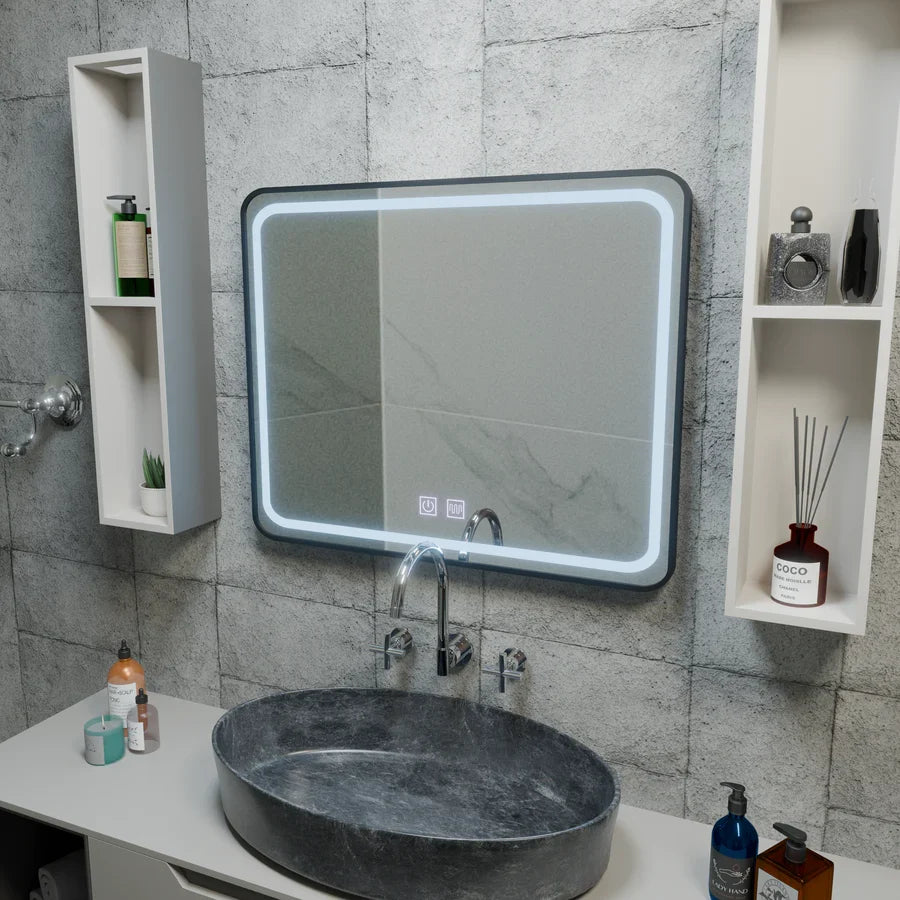 Oglinda LED Rectangulara 90x75cm EDGE Touch Sistem Dezaburire, Rama Neagra