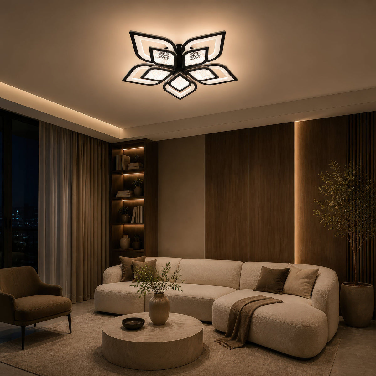 DALIA 96W LED Chandelier with Remote Control, 5 Petals, Cool/Warm/Neutral Light, Dimmable, Black, imaginea 9