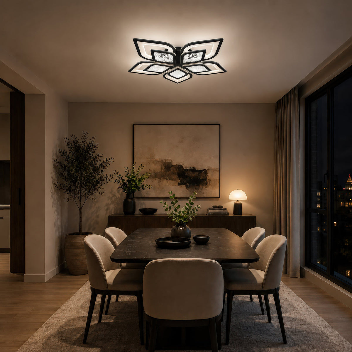 DALIA 96W LED Chandelier with Remote Control, 5 Petals, Cool/Warm/Neutral Light, Dimmable, Black, imaginea 10