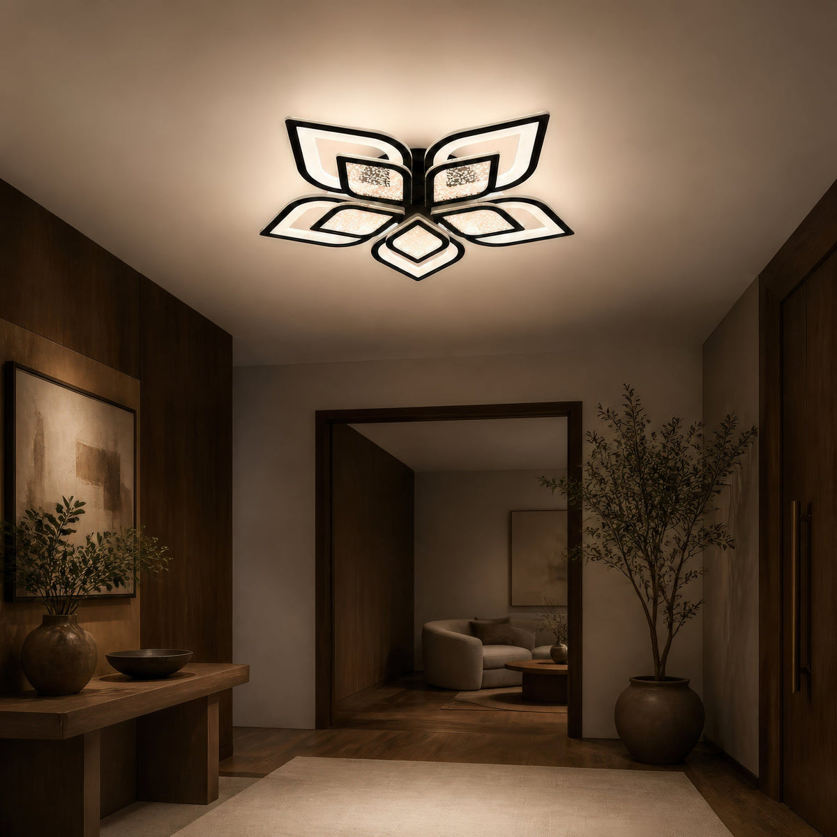 DALIA 96W LED Chandelier with Remote Control, 5 Petals, Cool/Warm/Neutral Light, Dimmable, Black, imaginea 11