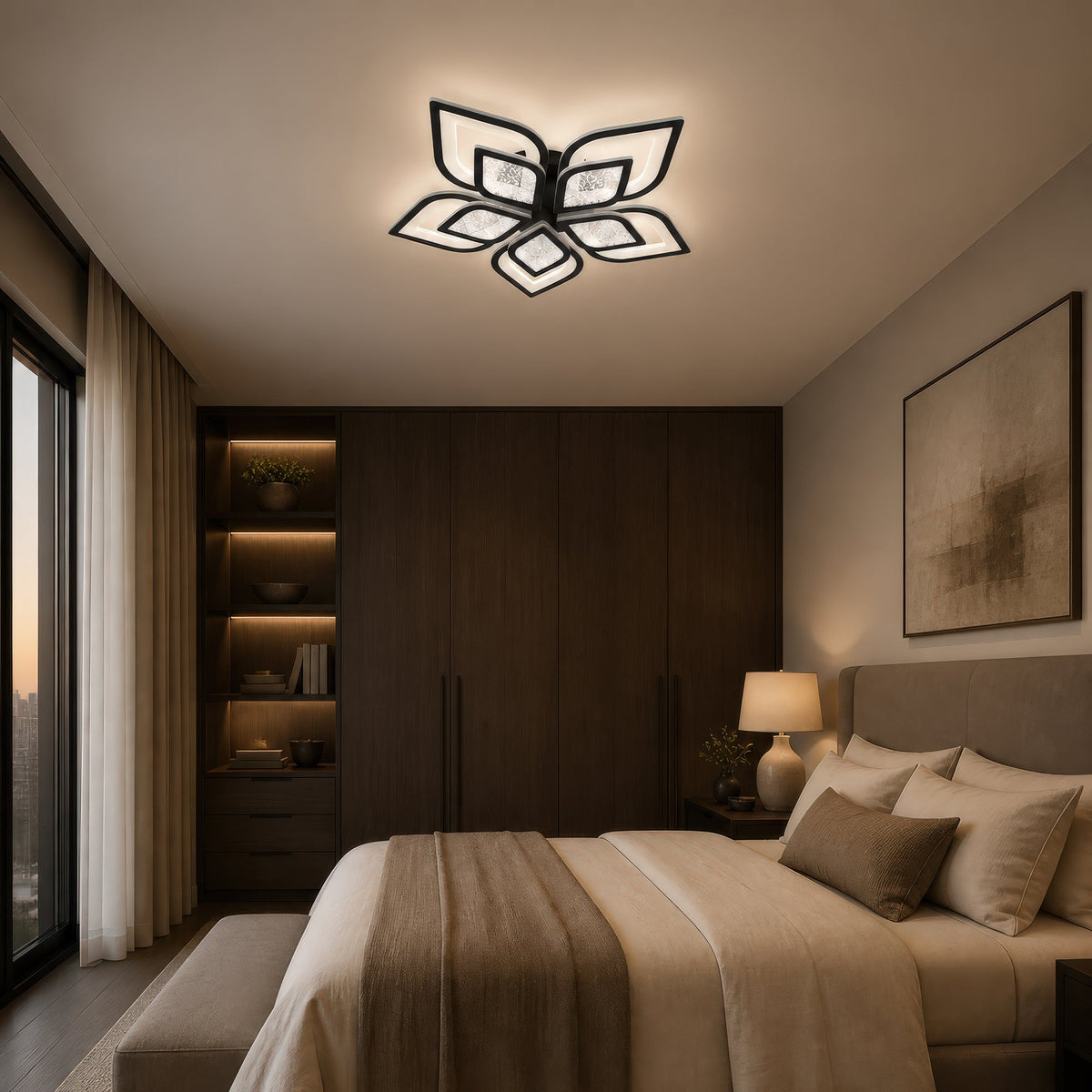 DALIA 96W LED Chandelier with Remote Control, 5 Petals, Cool/Warm/Neutral Light, Dimmable, Black, imaginea 12
