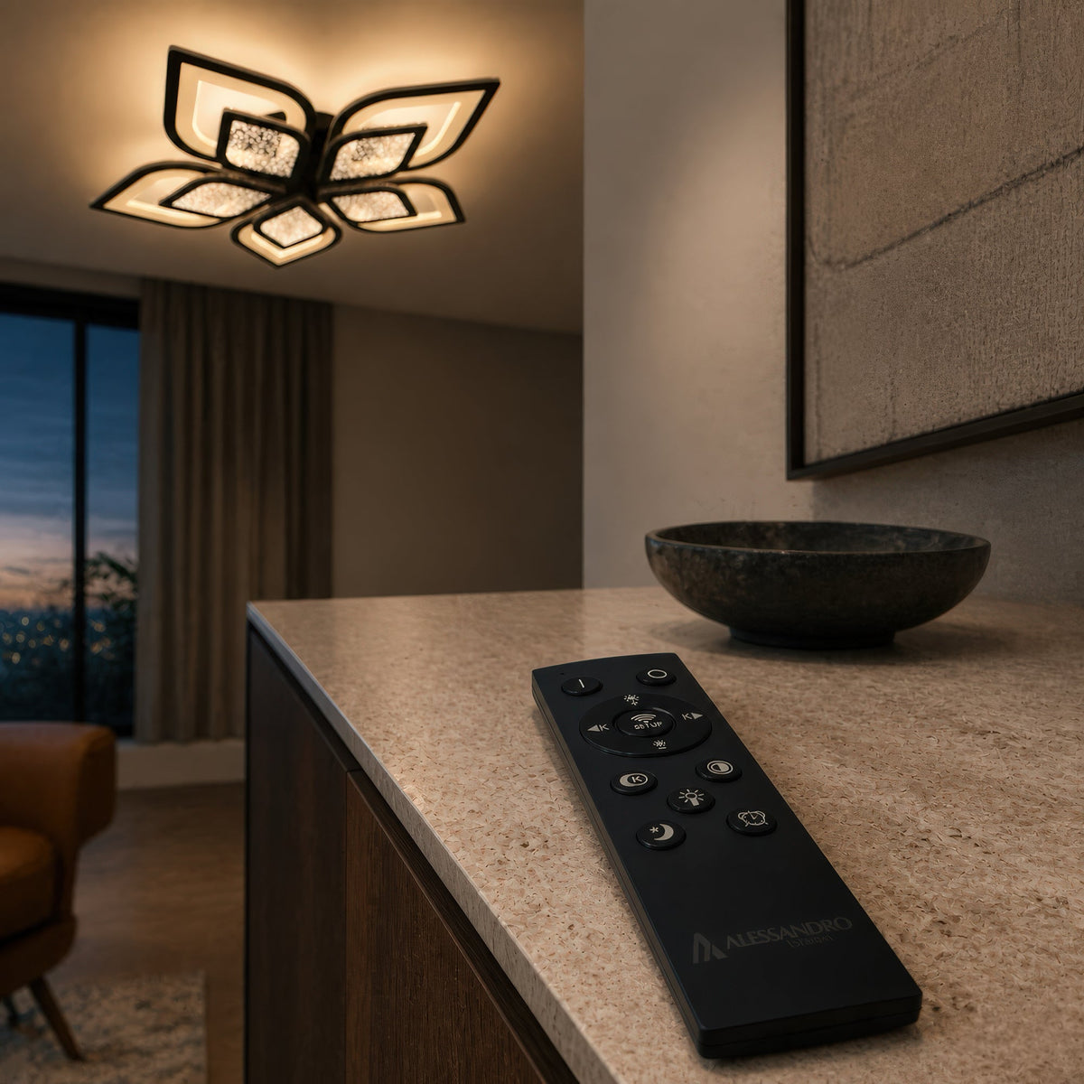DALIA 96W LED Chandelier with Remote Control, 5 Petals, Cool/Warm/Neutral Light, Dimmable, Black, imaginea 3