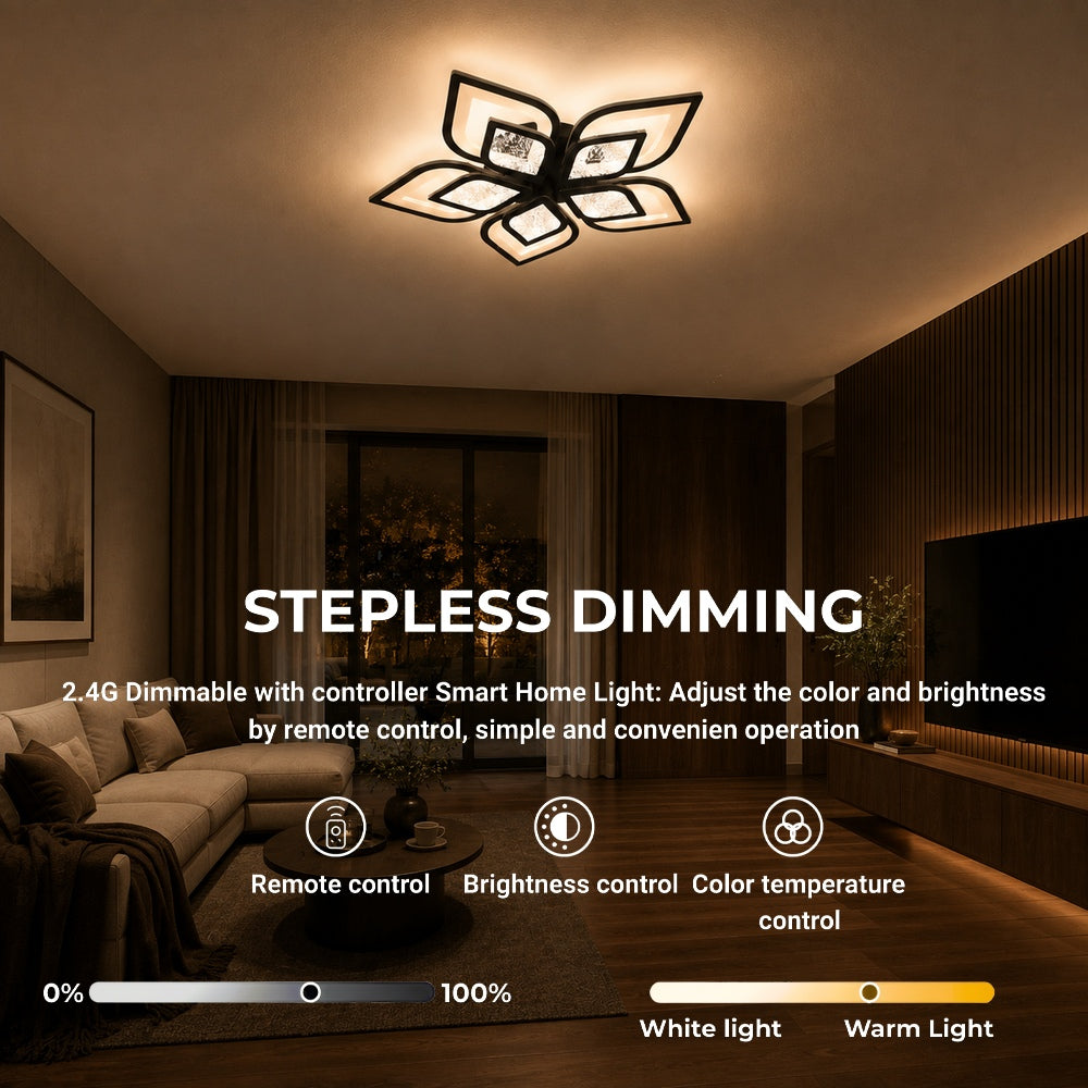 DALIA 96W LED Chandelier with Remote Control, 5 Petals, Cool/Warm/Neutral Light, Dimmable, Black, imaginea 4