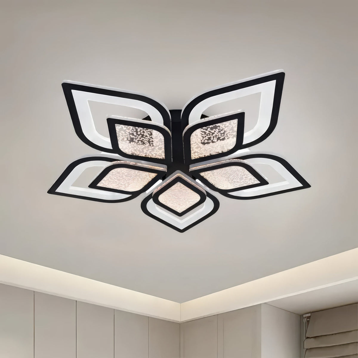 DALIA 96W LED Chandelier with Remote Control, 5 Petals, Cool/Warm/Neutral Light, Dimmable, Black, imaginea 2