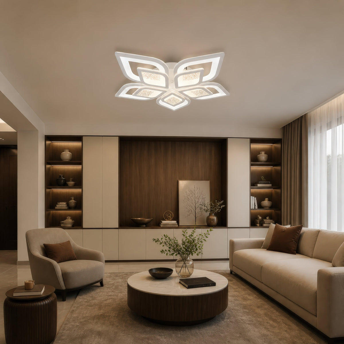DALIA 96W LED Chandelier with Remote Control, 5 Petals, Cool/Warm/Neutral Light, Dimmable, White, imaginea 10