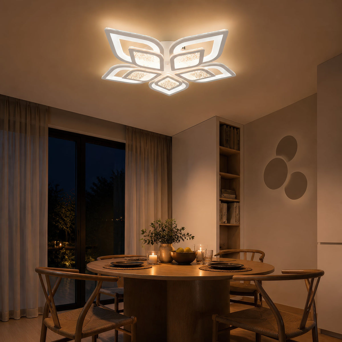 DALIA 96W LED Chandelier with Remote Control, 5 Petals, Cool/Warm/Neutral Light, Dimmable, White, imaginea 11