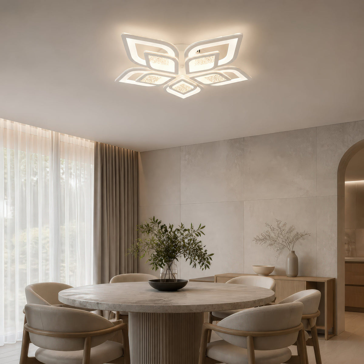 DALIA 96W LED Chandelier with Remote Control, 5 Petals, Cool/Warm/Neutral Light, Dimmable, White, imaginea 12