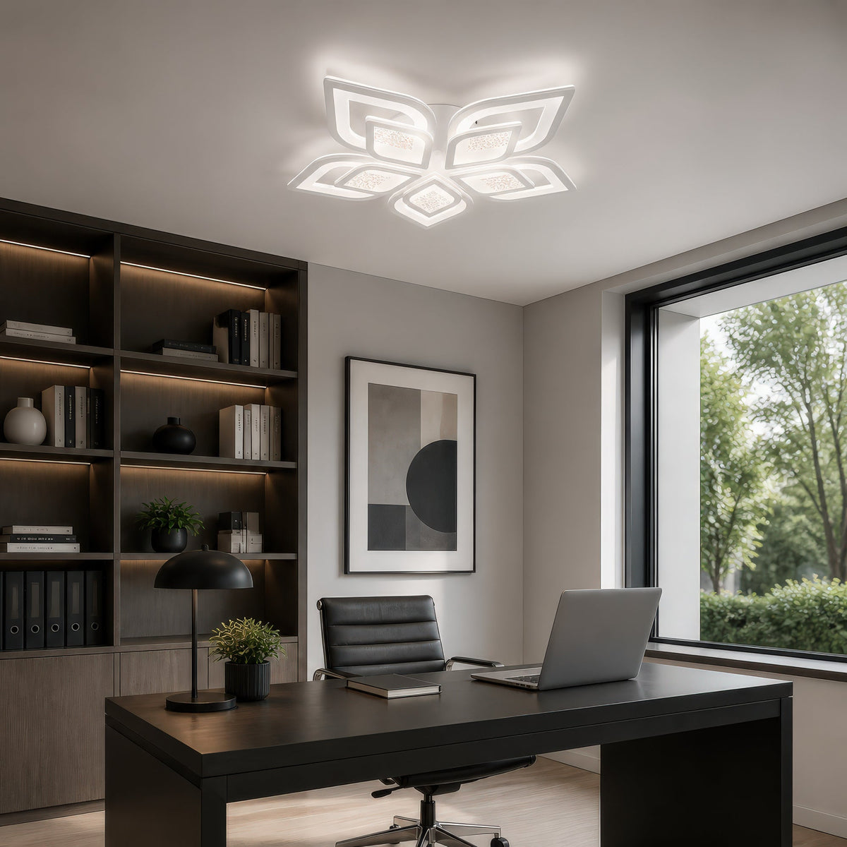 DALIA 96W LED Chandelier with Remote Control, 5 Petals, Cool/Warm/Neutral Light, Dimmable, White, imaginea 13