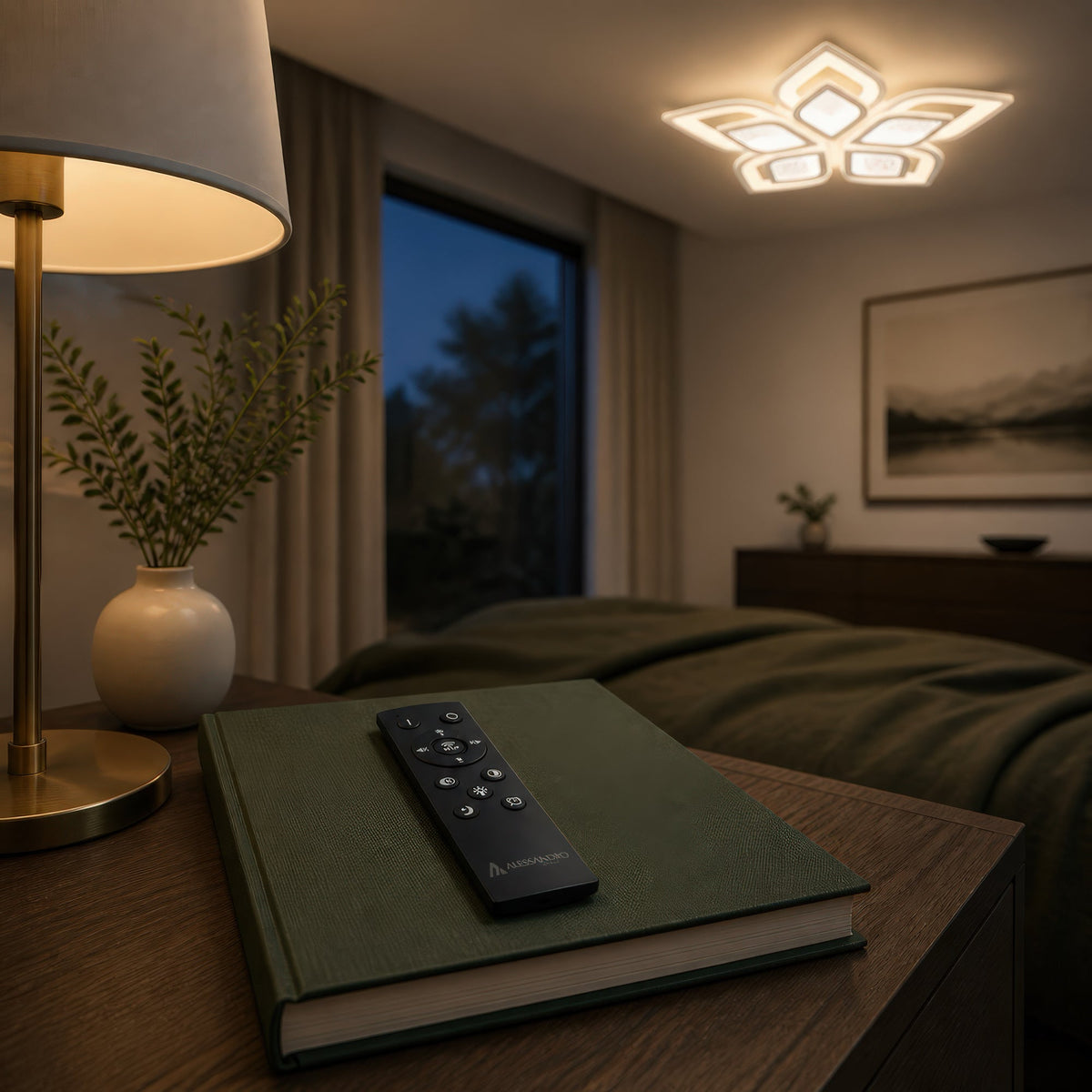 DALIA 96W LED Chandelier with Remote Control, 5 Petals, Cool/Warm/Neutral Light, Dimmable, White, imaginea 3