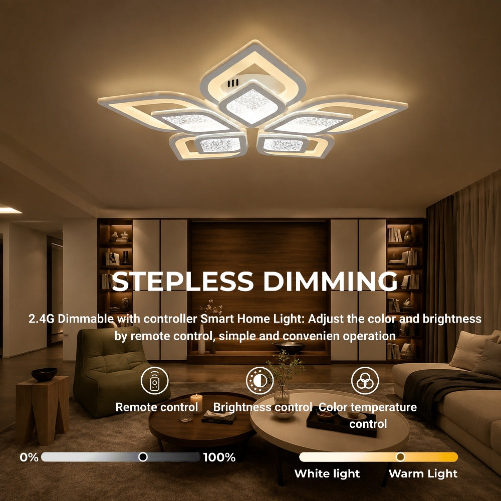 DALIA 96W LED Chandelier with Remote Control, 5 Petals, Cool/Warm/Neutral Light, Dimmable, White, imaginea 4