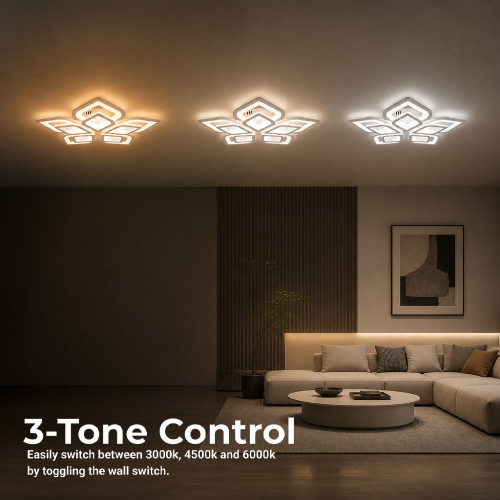DALIA 96W LED Chandelier with Remote Control, 5 Petals, Cool/Warm/Neutral Light, Dimmable, White, imaginea 5
