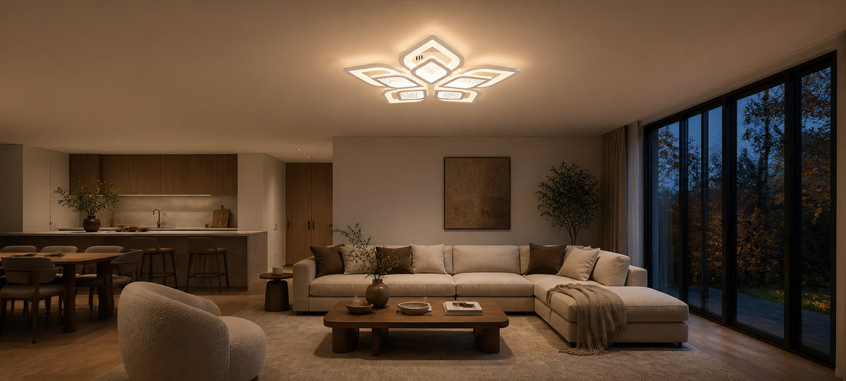 DALIA 96W LED Chandelier with Remote Control, 5 Petals, Cool/Warm/Neutral Light, Dimmable, White, imaginea 14