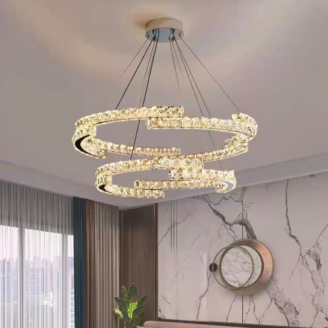 Lustra LED suspendata cu telecomanda si cristal MIA LATIFAH 55W, 2 Cercuri, lumina Rece/Calda/Neutra, Dimabila, Crom Lucios, Inaltime Reglabila
